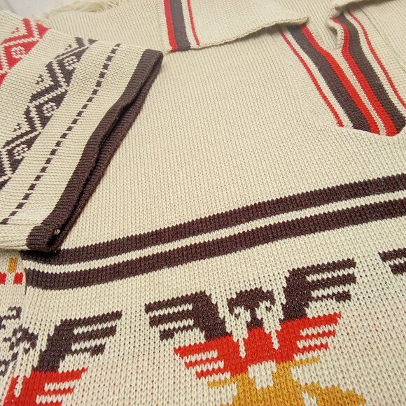 Vintage 70s-80s Aztec Southwestern Sweater Tunic Collar SSL Slits Fringe -10/12 - Picture 7 of 11